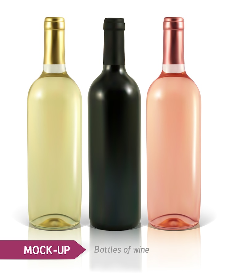 Vector botellas de vino realistas sobre un fondo blanco con reflejo y sombra