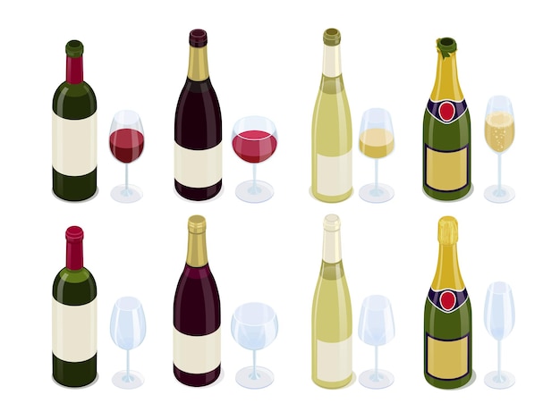 Botellas de vino tinto, blanco y espumoso y copas debajo.