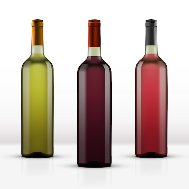 Vector botellas de vino tinto y blanco llenas realistas