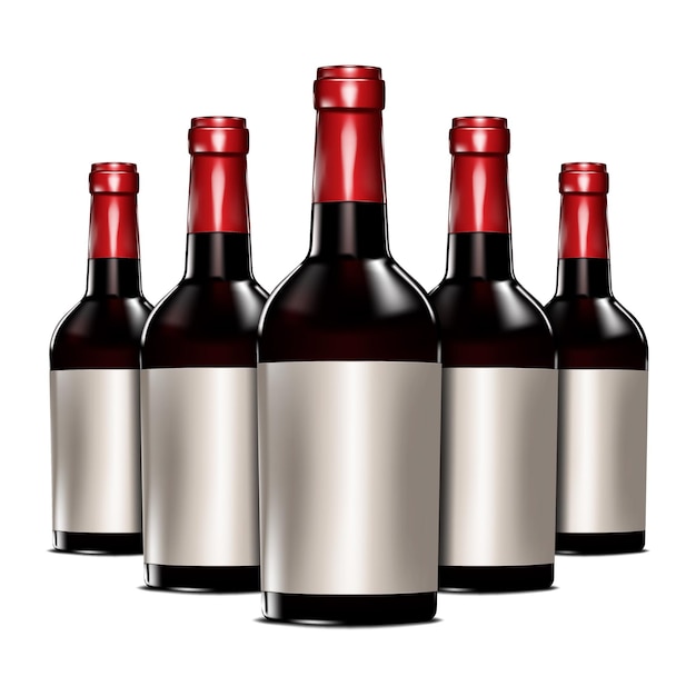 Vector botellas de vino tinto de vidrio oscuro con etiquetas en blanco aisladas sobre fondo blanco maqueta vectorial