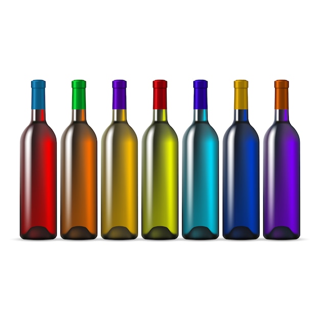 Vector botellas de vino de vidrio de color arcoíris