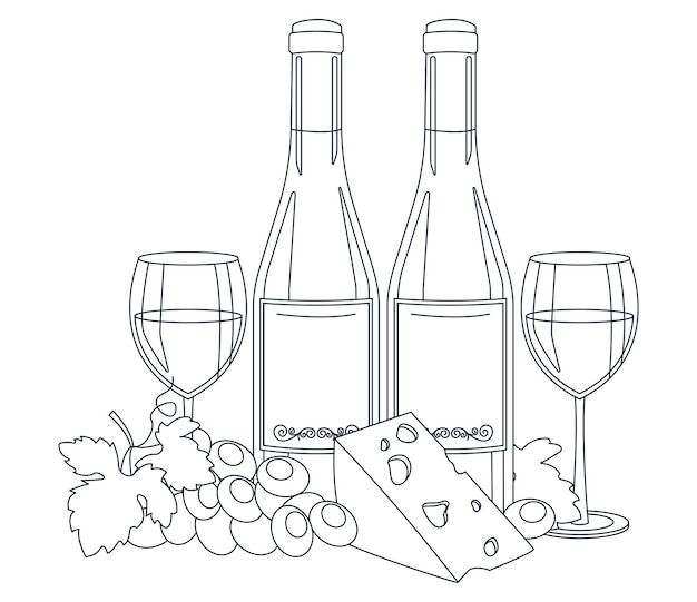 Botellas de vino, vino en copas, queso y uva. Sólo contorno lineal. Gráfico vectorial.