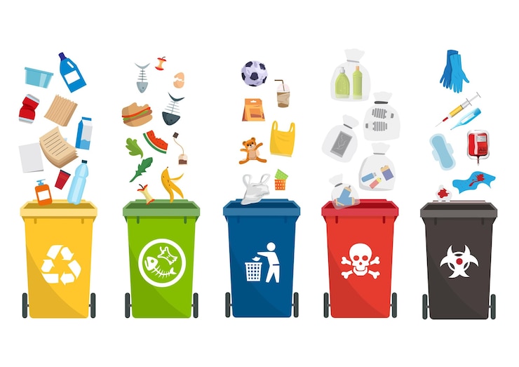 Vector botes de basura coloridos sobre un fondo blanco símbolos para contenedores y separación de residuos tipos de residuos ilustración de vector de dibujos animados de estilo plano