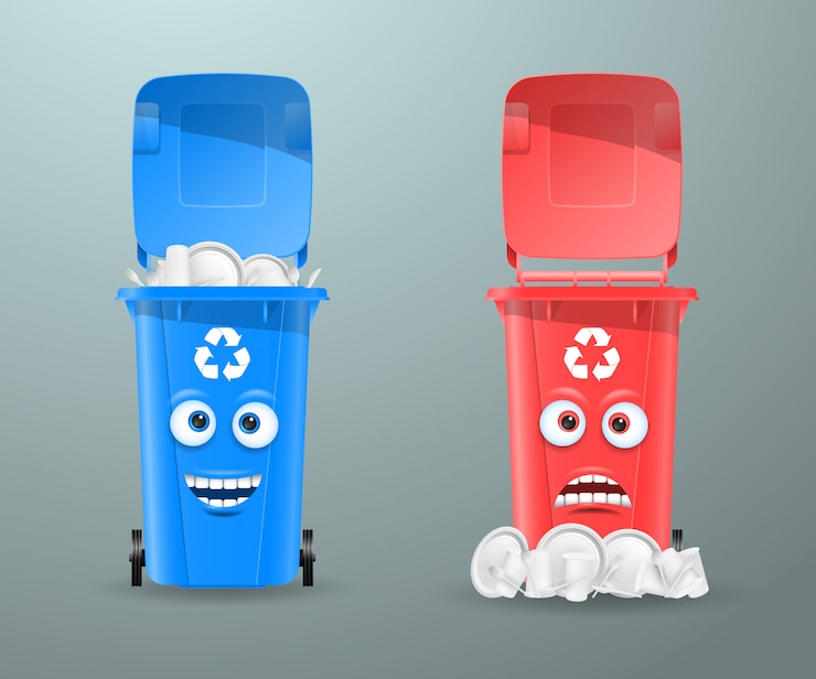 Vector botes de basura en forma de personajes divertidos.