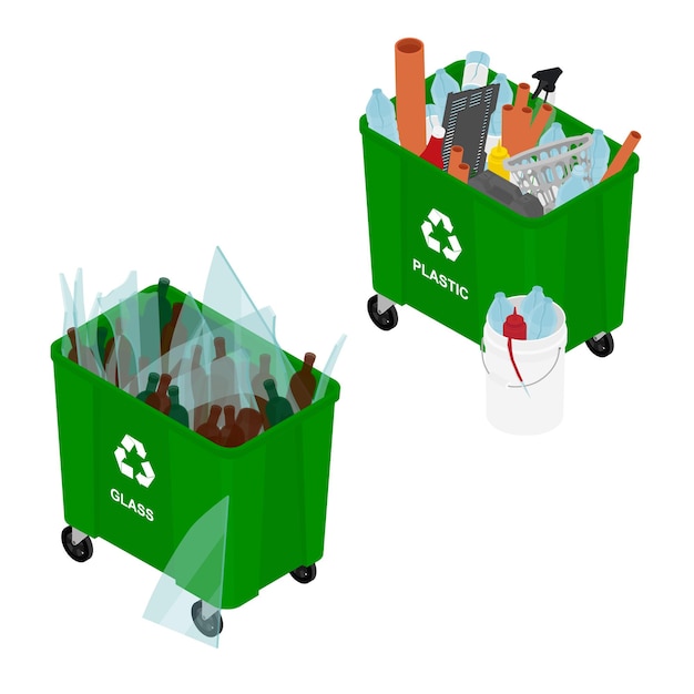 Botes de basura llenos de iconos de vectores de basura ordenados