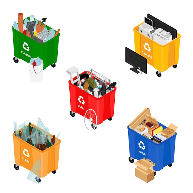 Botes de basura llenos de iconos de vectores de basura ordenados