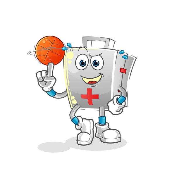 Botiquín de primeros auxilios jugando baloncesto mascota. vector de dibujos animados