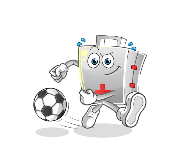 botiquín de primeros auxilios pateando la caricatura de la pelota. vector de mascota de dibujos animados