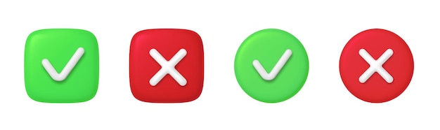 Botón 3D correcto e incorrecto en forma redonda Verde Sí y rojo No Correcto Signo incorrecto Marca de verificación Rechazo Cancelar Error Detener Acuerdo negativo Aprobación o Símbolo de confianza Ilustración vectorial