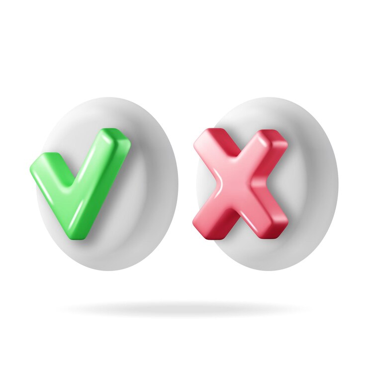 Vector botón 3d correcto e incorrecto forma verde sí y rojo no correcto signo incorrecto marca de comprobación marca de marcado rechazo cancelar error detenerse acuerdo negativo aprobación o símbolo de confianza ilustración vectorial