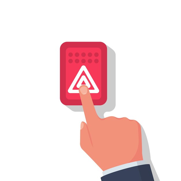 Botón de alarma coche Sistema de alarma Persona presiona el botón del dedo del coche Diseño plano de ilustración vectorial Aislado sobre fondo blanco Luz intermitente