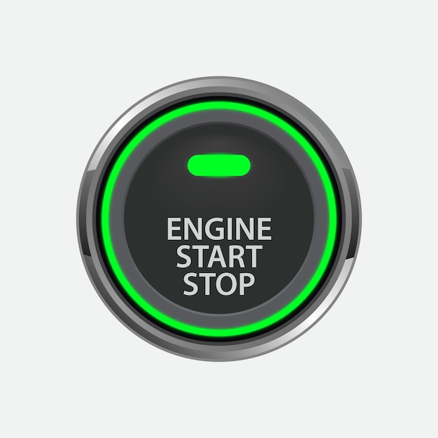 Botón de arranque y parada del motor con un brillo y una luz verdes