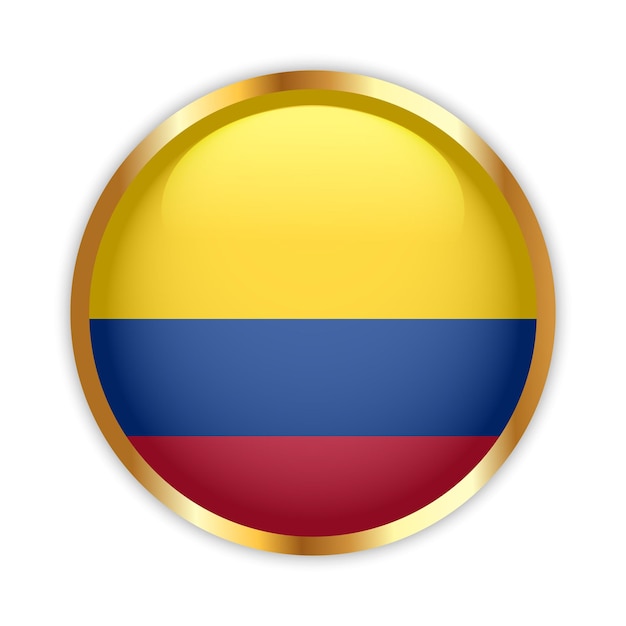 Botón de la bandera nacional de Colombia con marco dorado Icono de la insignia redonda de Colombia Ilustración vectorial