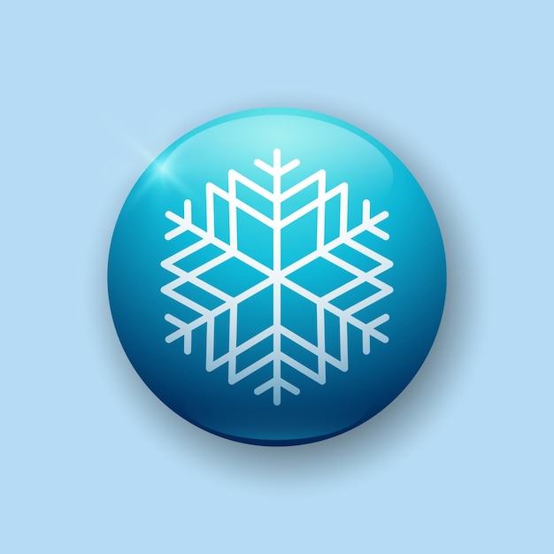 Botón brillante realista con elemento de vector 3d de icono de copo de nieve de color azul con sombra debajo