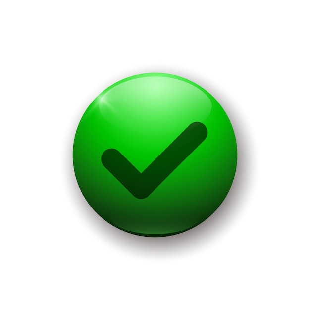 Botón brillante realista con icono de aceptar elemento de vector verde 3d sobre fondo blanco con sombra