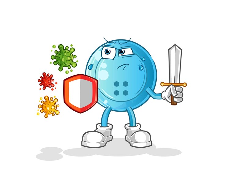 Vector botón de camisa contra dibujos animados de virus. vector de mascota de dibujos animados