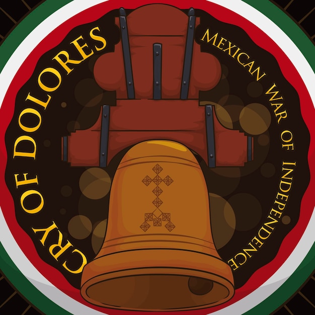 Vector botón con la campana de hidalgo y el efecto bokeh en su interior promoviendo el grito mexicano de dolores