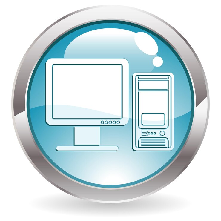 Vector botón de círculo tridimensional con icono de computadora, ilustración vectorial