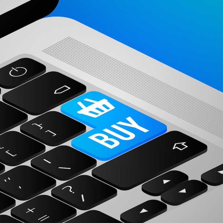 Vector botón de compra plano azul sobre fondo rojo icono 3d de la tienda en línea