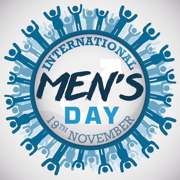 Botón conmemorativo con diferentes formas masculinas a su alrededor celebrando el Día Internacional del Hombre