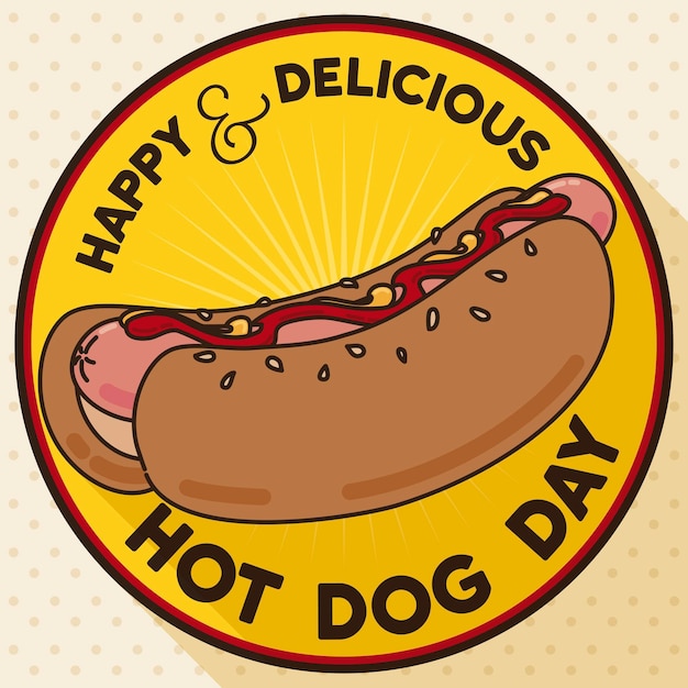 Botón con delicioso perrito caliente para celebrar su día en estilo plano y larga sombra