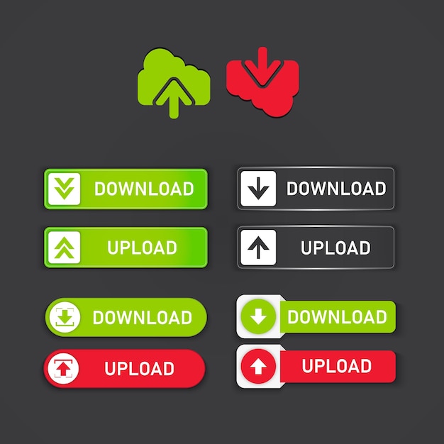 Vector botón de descarga y carga establecido en diferentes estilos y colores. conjunto de botones modernos para sitio web.