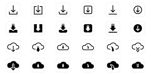 Botón de descarga línea y conjunto de iconos de silueta círculo de nube flecha hacia abajo símbolo de concepto de carga