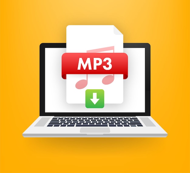 Botón descargar mp3 en la pantalla del portátil descargando el concepto de documento