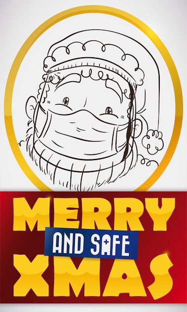 Botón dorado con el dibujo de papá noel con un escudo facial protector y media máscara que promueve la navidad