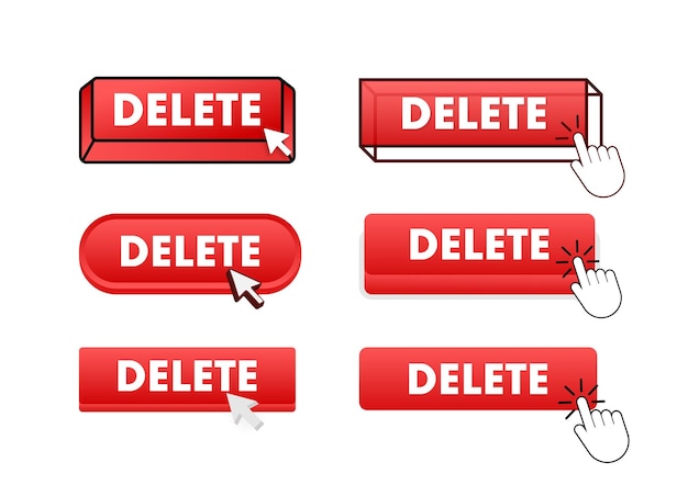 Botón Eliminar con puntero haciendo clic en Eliminar conjunto de botones web Elemento de interfaz de usuario en estilo plano V