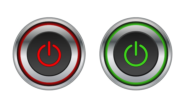 Botón de encendido y apagado redondo de acero con luz de fondo Signo para aplicación de sitio web Gráficos vectoriales aislados en blanco
