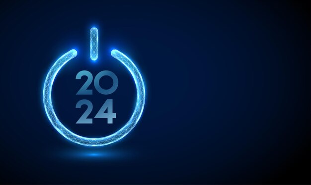 Vector botón de encendido azul abstracto con el número 2024 dentro de la tarjeta de felicitación de feliz año nuevo diseño de estilo poli bajo fondo geométrico estructura de conexión de luz wireframe gráfico vectorial 3d moderno