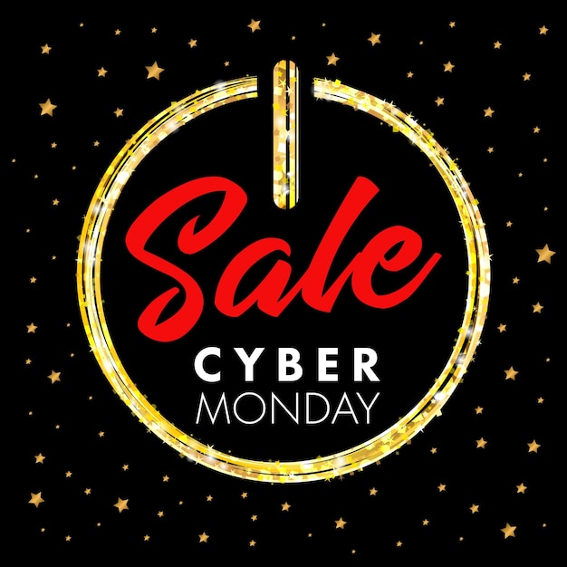 Botón de encendido y estrella del banner de promoción de venta de cyber monday. concepto de venta de lunes cibernético para compras web