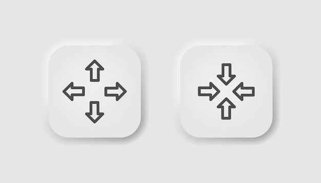 Botón Expandir en estilo de neumorfismo Iconos para la interfaz de usuario blanca de negocios UI UX Símbolo de cuatro direcciones Flecha derecha arriba abajo izquierda disminuir cruzar agrandar Estilo de línea neumórfica Ilustración vectorial