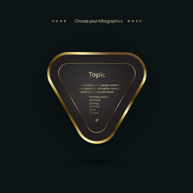 Botón de forma de triángulo de caja de infografía premium sobre fondo oscuro de diseño vectorial infografía dorada