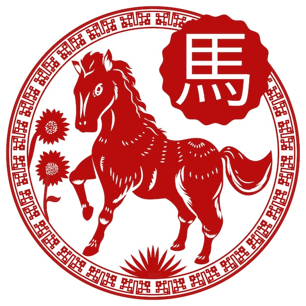 Botón con girasoles y caballo del zodíaco chino escrito en caligrafía china
