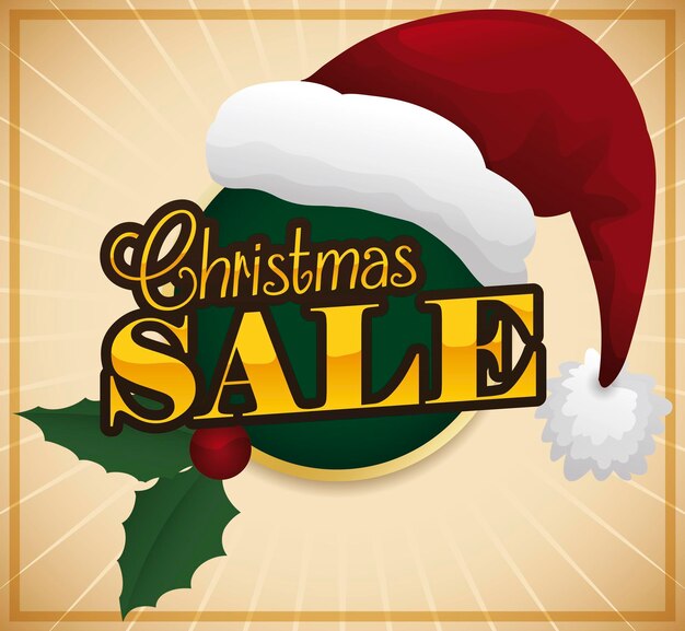 Botón con hojas de acebo y bayas sombrero de Papá Noel y botón de saludo que promueve la temporada de ventas de Navidad