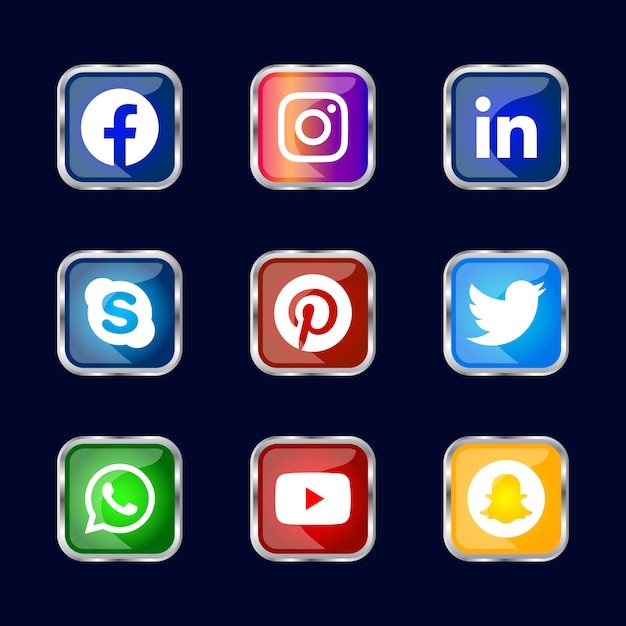 Botón de iconos de redes sociales con marco plateado brillante cuadrado con efecto degradado establecido para uso en línea ux ui