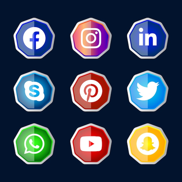 Botón de iconos de redes sociales con marco plateado brillante hexagonal con efecto de degradado para uso en línea de UX UI