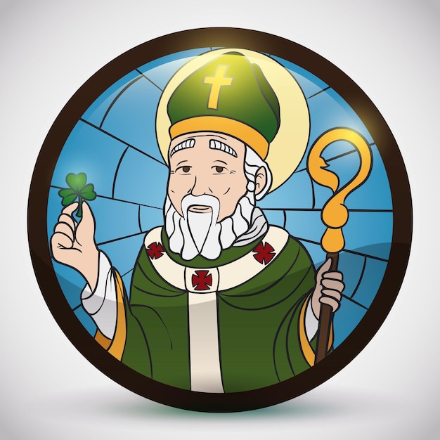 Vector botón con imagen de san patricio que sostiene inteligente para la celebración irlandesa del santo patrón de irelan