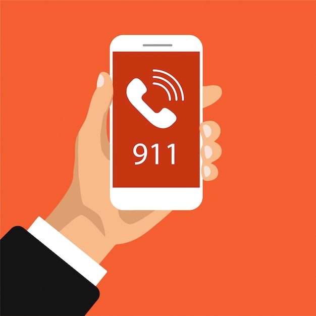 Botón de llamada de emergencia 911. la mano sostiene el teléfono inteligente con llamadas en una pantalla. ilustración.