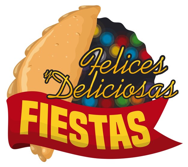 Botón con luces de Navidad y deliciosa empanada con cinta y saludo para unas vacaciones deliciosas