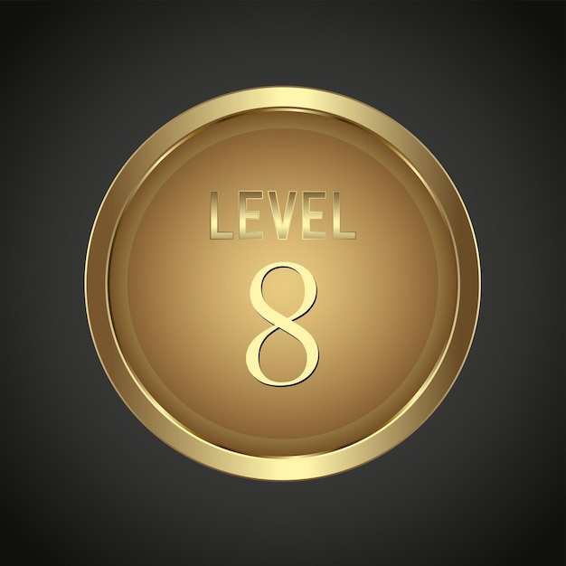 Botón de lujo Golden Level 8 sobre fondo degradado oscuro para diseño infográfico multipropósito