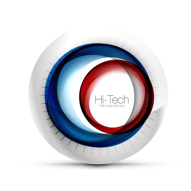 Botón o icono de banner web de esfera tecnológica digital con texto remolino brillante de color diseño de círculo abstracto hitech símbolo futurista con anillos de color y elemento metálico gris ilustración vectorial