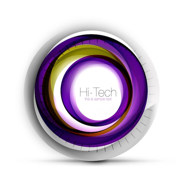 Botón o icono de banner web de esfera tecnológica digital con texto remolino brillante de color diseño de círculo abstracto hitech símbolo futurista con anillos de color y elemento metálico gris ilustración vectorial