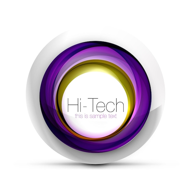 Botón o icono de banner web de esfera tecnológica digital con texto remolino brillante de color diseño de círculo abstracto hitech símbolo futurista con anillos de color y elemento metálico gris ilustración vectorial