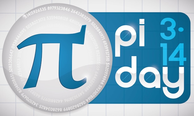 Vector botón con una parte del valor de pi en espiral y símbolo griego en su interior en una etiqueta azul para el día de pi