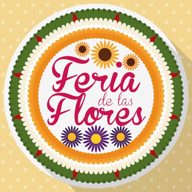 Botón plano como silleta colombiana para el Festival de las Flores escrito en español sobre estampado floral