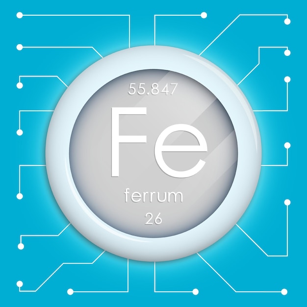 Botón realista con símbolo de ferrum El elemento químico es ferrum Vector aislado en fondo blanco