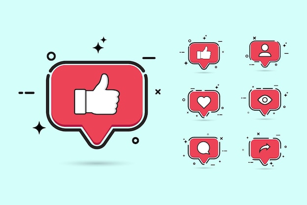 Botón de redes sociales con color rojo. Botón social con me gusta, me encanta, comentar, ver, compartir y seguir el icono. Elegante colección de botones planos de color rojo para publicaciones en redes sociales.